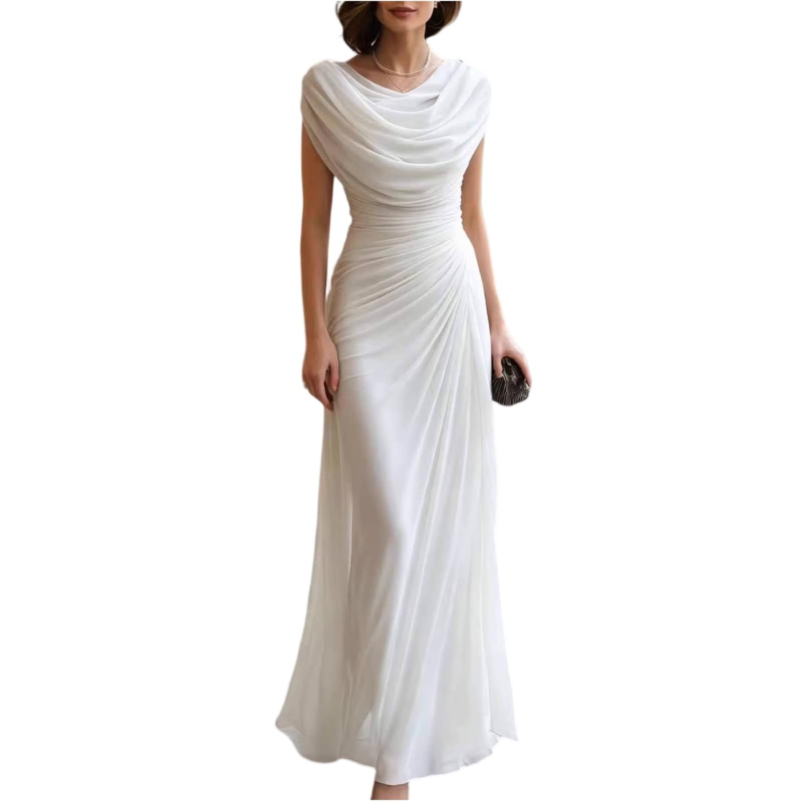Abendkleider Elegant Für Hochzeit Tüll Ballkleider Damen Lang A-Linie Kleid Hochzeitsgast Cocktail Festliche Kleider Schlitz Plissee Abschlusskleid Wasserfallausschnitt Brautkleid Maxi Rückenfrei