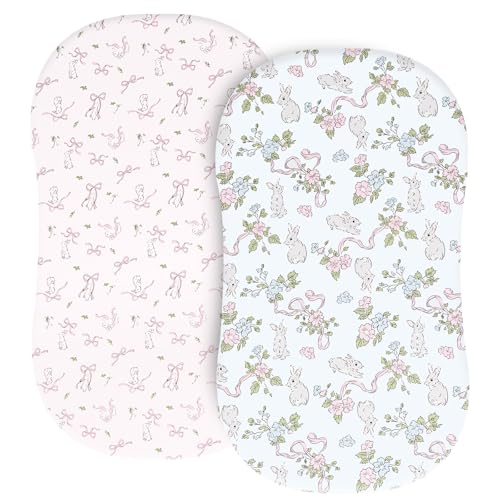 Image of PHF Soft Bassinet Sheet Set, 2 Pack Silky Comfy Breathable Cradle Sheets for Baby Girls, Univeral Fit for Most Oval Rectangle Cradle and Bassinet Mattress /Pad, Rabbit & Floral