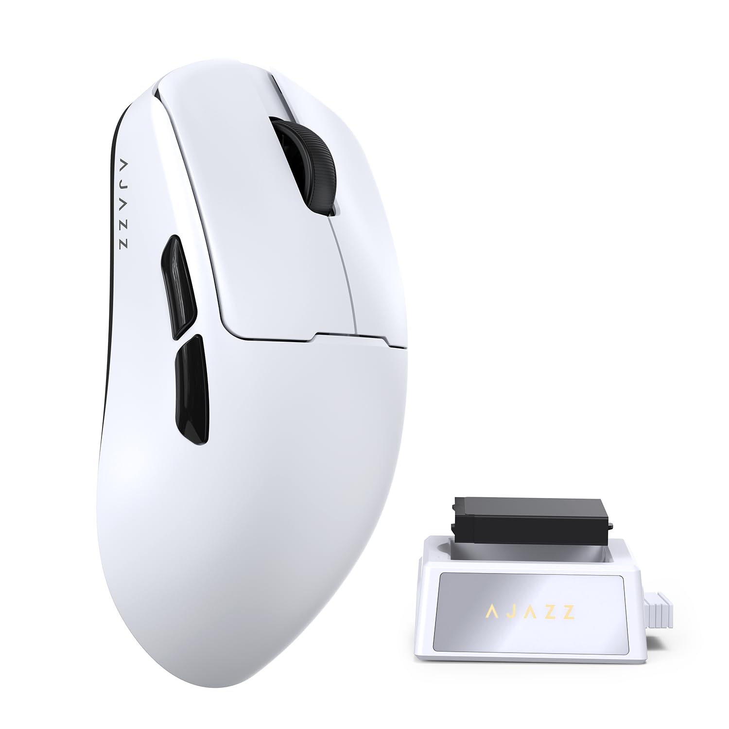 A.JAZZ AJ159 V2 Ratón Gaming Inalámbrico Ultraligero Con Batería Intercambiable En Caliente, Dos Baterías 300mAh Y Base De Carga, 54g, Sensor PAW3395, 32000 DPI Compatible PC Y Mac (Blanco)