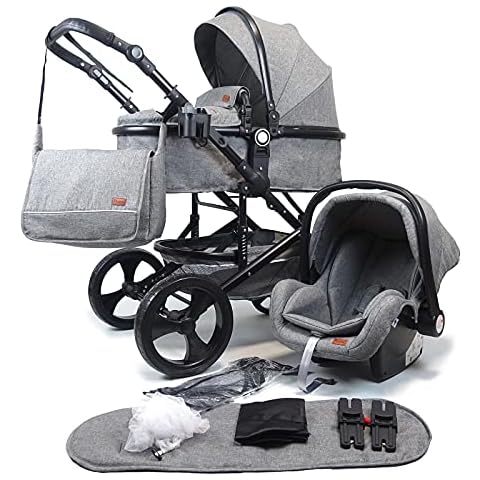 Pixini Kalani Kinderwagen 3 in 1 Komplettset inkl. Babywanne & Buggy & Auto-Babyschale + Wickeltasche/Regenplane/Getränkehalter/Mückennetz in grau Cover