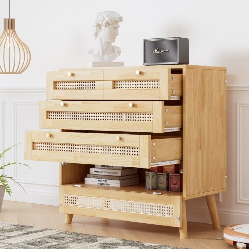 AUJDKDH Komplettschlafzimmer Set, 4-TLG. modernes Rattanbett+Nachttisch+Kommode+Kleiderschrank, 160x200cm Doppelbett, Kiefer+Spanplatten+PE-Rattan,...