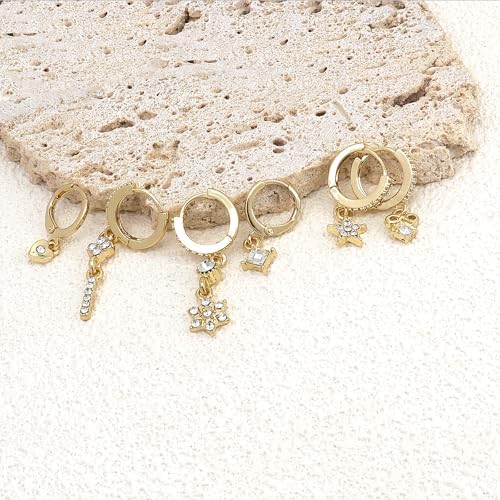 14k Gold Huggie Dangle Hoop Earring Set for Women,Dainty Asymmetrical Zircon Cartilage Multiple Piercing Studs Earrings Prom Jewelry Gifts3