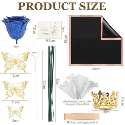 DRAKEWOOD Glitzer Rosenstrauß Blau Set mit 24 Stück Ewige Kunstrosen Krone Schmetterling und Grußkarte - Glitzerrosenstrauss Blumenstrauß Künstlich Rosen für Valentinstag Verlobung Hochzeit Jubiläum