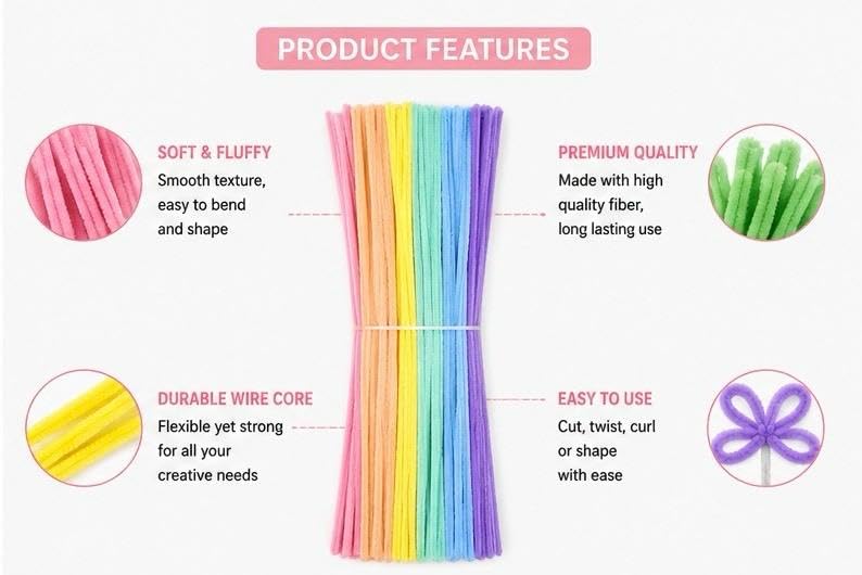 Image of TRAIS Pipe Cleaners Pastel for Crafts (100 PCS) | Soft Chenille Stems for DIY Art & Craft, Flexible Fuzzy Bendable Sticks for Kids Craft, School Projects & Decoration Supplies (Any 4-5 Colors)
