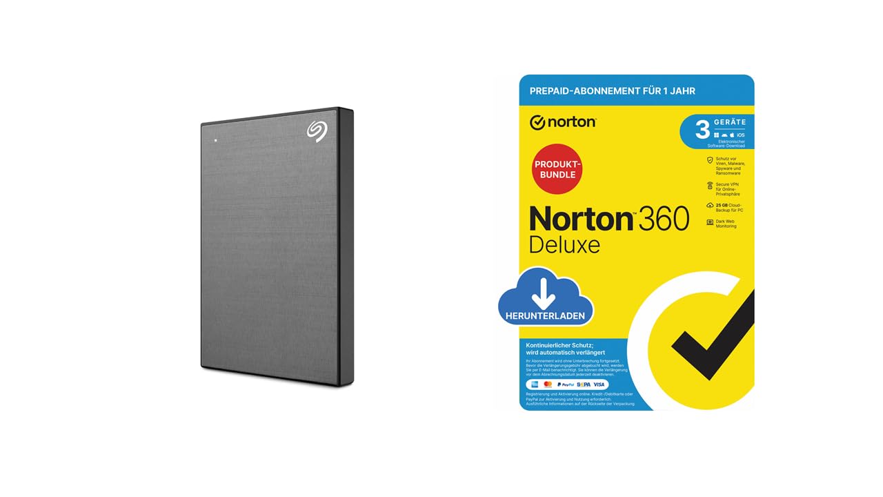 Seagate One Touch 2TB tragbare Externe Festplatte + Norton 360 Deluxe 2026, Antivirensoftware für 3 Geräte