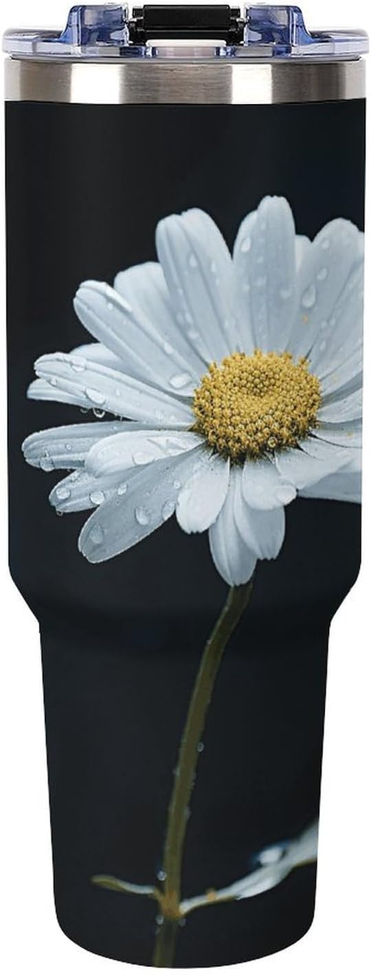 Single Daisy Flower Travel Coffee Mug Reusable Durable Stainless Steel Insulated Tumbler with Handle And Straw Leak Resistant Portable Thermal Cup Gifts for Men Women 40 Oz