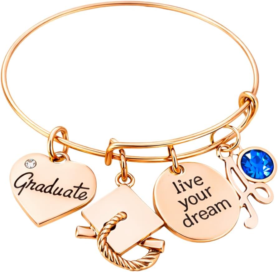 Infinity Collection Personalized 2026 Graduation Bracelet - Initial Birthstone Charm Bangle, Custom Rose Gold Graduation Gift, Perfect for 2026 Graduates