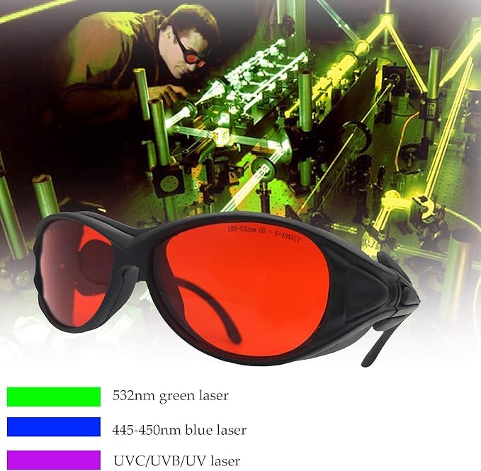 Gafas de seguridad láser profesionales de 180-540nm OD6+ para láser verde 532nm, UV/violeta y azul, ideales para grabado láser e iluminación láser, adecuadas para 405nm, 445nm, 450nm, 532nm, para