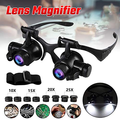 AXH Lupa para Gafas con Diadema 10X 15X 20X 25X LED Eye Glass Lupa Binocular Lupa para Tasación de Joyas, Reparación Electrónica
