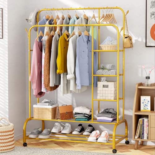 Image of Lukzer Metal Garment Stand with 6 Shelves & Double Rods, Heavy-Duty Clothing Rack with Side Hooks & Wheels, Multi-Functional Storage Organizer for Bedroom, Laundry & Entryway - (MGS-008 /Gold)