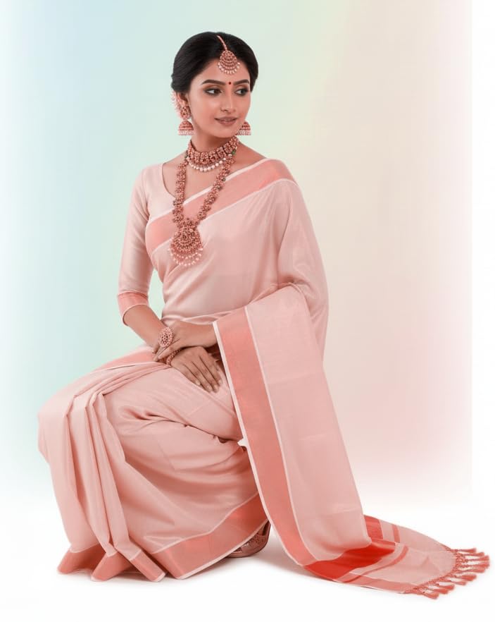 Image of Women's Kerala Tissue Plain Saree with Running Blouse| Onam & Vishu Kani Special | Traditional Kasavu White Colour