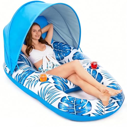 Jasonwell Pool Float with Canopy - Inflatable Pool Floaties Adult Lounger Floats Raft Floating Chair with Cup Holders for Swimming Pool Lake Water Lounge Float Beach Pool Party Toys for Adults (Blue)