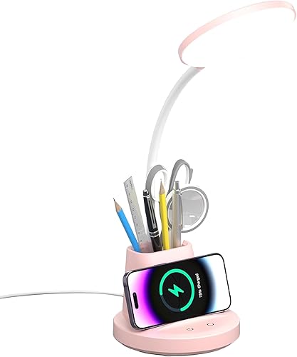 Miniatura 8 de Lámpara LED de escritorio con cargador inalámbrico para oficina en casa, pequeña con soporte para bolígrafo, 800 lúmenes, 3 modos de color, cuello