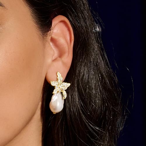 Ross-Simons Italian 13-18mm Baroque Pearl and 1.80 ct. t.w. CZ Flower Earrings in 18kt Gold Over Sterling3