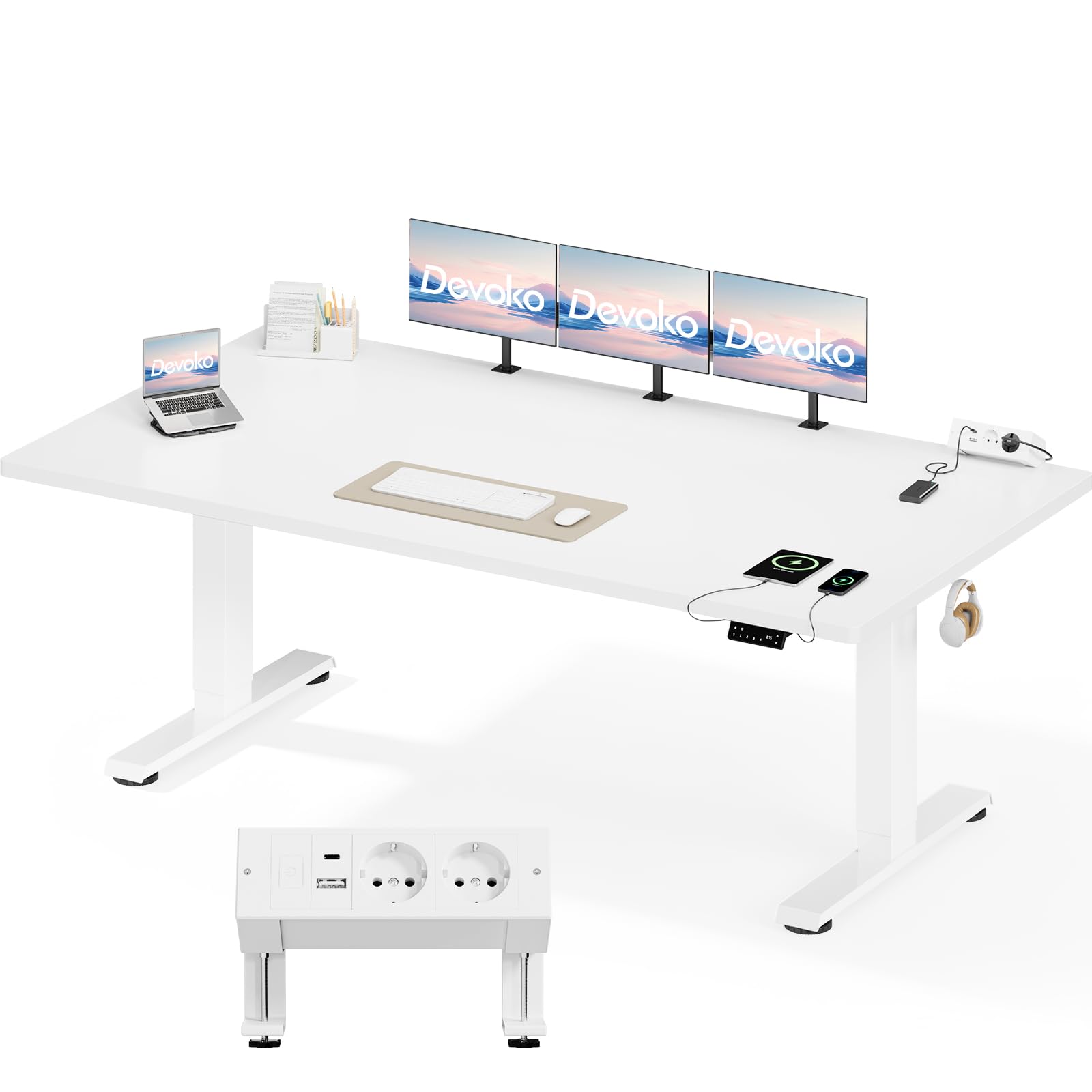 Devoko Höhenverstellbarer Schreibtisch 200x80cm, Dualmotor Elektrischer Stehschreibtisch mit 25mm Einteiliger Tischplatte, Touchscreen Steuerung, Computertisch mit Kabelmanagement & Steckdose