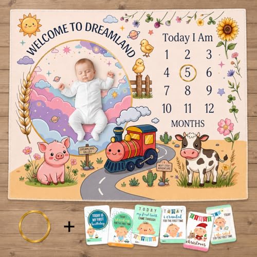 Image of Baby Monthly Milestone Photoshoot Blanket with Milestone Cards, Cotton, 115x95 cm, Animal Theme, 1-12 Months (Train)