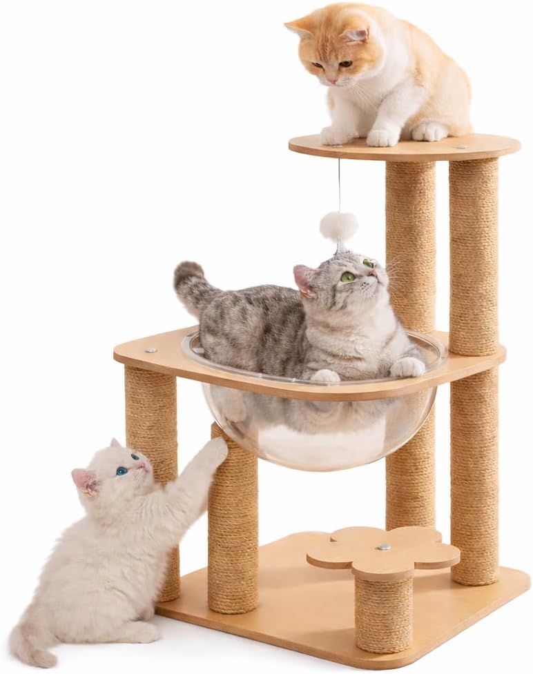 32IN Cat Tree with Clear Acrylic Bowl Bed, Multi-Level Cat Tower with Sisal Scratching Posts, Wooden Platforms and Hanging Toy, Indoor Cat Climbing Activity Furniture