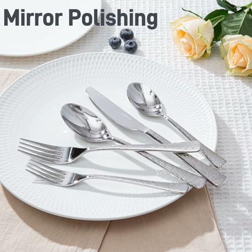 KINGSTONE Hammered Silverware Set, Flatware Set with Serving Utensils, 18/10 Stainless Steel Premium Cutlery with Unique Ripple Handles Design Mirror Polished - Dishwasher Safe (65-Piece) - Thumbnail 3