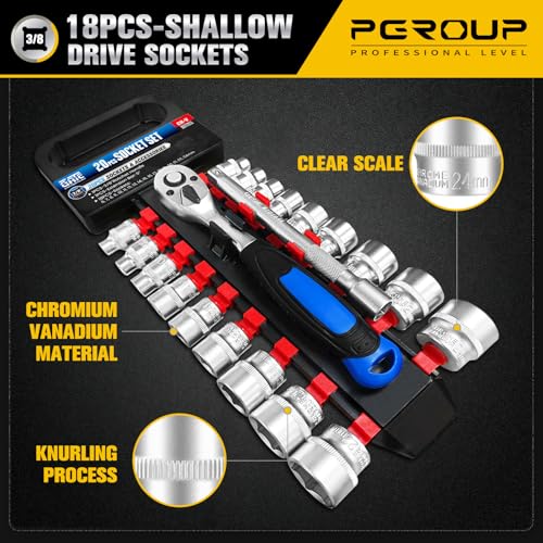 Image of 20PCS 3 /8 inch Drive Metric Socket Wrench Set, 90-Tooth Reversible Ratchet Handle,6 Point Shallow Sockets (6-24mm) and Extension Bar 6 inch, CR-V Steel, Tool Set For Car,Motorcycle,Bike Repair