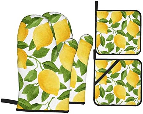 Bright Yellow Lemons Oven Mitts and Pot Holders Sets of 4,Resistant Hot Pads with Polyester Non-Slip BBQ Gloves for Kitchen,Cooking,Baking,Grilling
