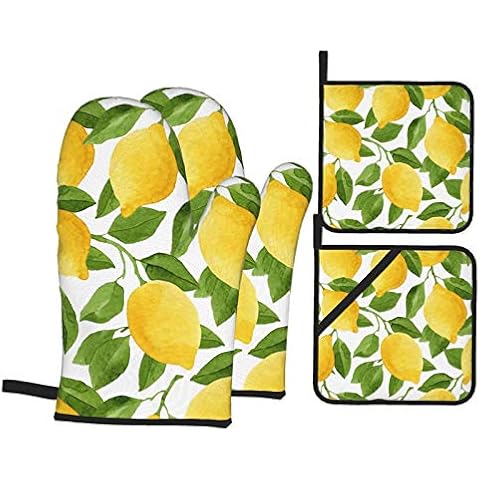Msacrh Bright Yellow Lemons Oven Mitts and Pot Holders Sets of 4,Resistant Hot Pads with Polyester Non-Slip BBQ Gloves for Kitchen,Cooking,Baking,Grilling Cover