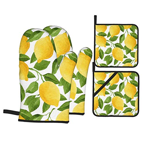 Bright Yellow Lemons Oven Mitts And Pot Holders Sets Of 4,Resistant Hot Pads With Polyester Non-Slip Bbq Gloves For Kitchen,Cooking,Baking,Grilling #TOP7