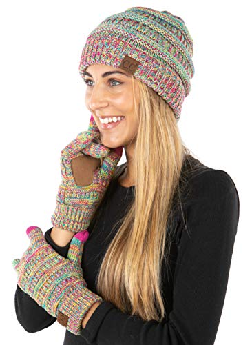 Image of Funky Junque Women's Beanie & Touchscreen Gloves Set - Soft 100% Acrylic Knit Winter Hat and Gloves, Cozy Cold Weather Gift