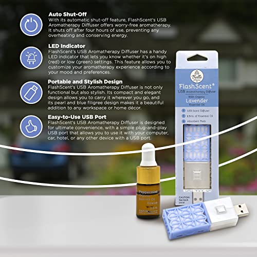 Belle Aroma Flashscent Usb Aromatherapy Scent Diffuser - Oil Diffuser For Car, Office, Home, Or Travel, Usb Diffuser W/One 2.5Ml Essential Oil Bottle & 3 Refill Scent Pads, Serenity Blue, Ylang Ylang #TOP1