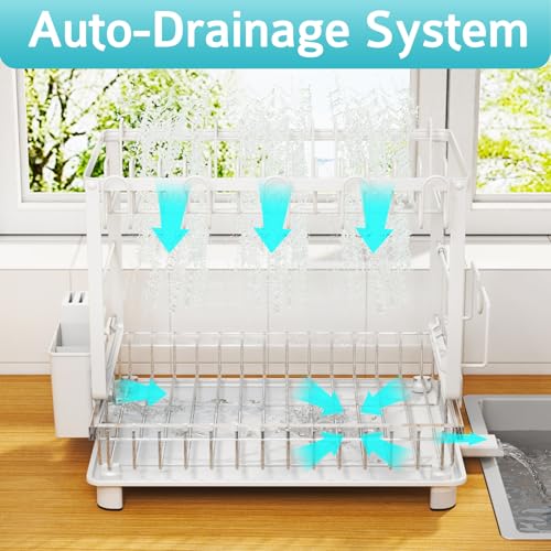 Image of Multifunctional Dish Drying Rack - Rustproof, 2-Tier Dish Racks with Drainboard, Space-Saving Design, Utensil & Cup Holder for Kitchen Counter, White