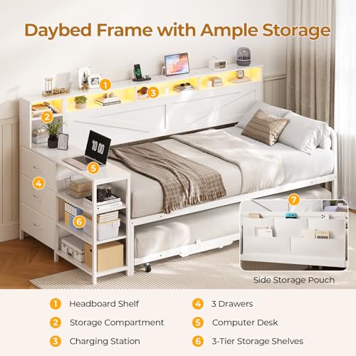 Image of MSmask Daybed with Pop Up Trundle, Twin Day Bed with 3 Storage Drawers and Shelves, Farmhouse Wooden Twin to King Daybed Frame with Charging Station and LED Lights for Bedroom, White