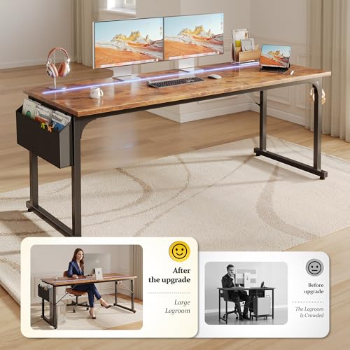 Image of DurayLoly 63 inch Home Office Desk with LED Lights,Computer Desk for 2 Monitors or 2 laptops,Spacious Under-Desktop for Study Writing Work Gaming Desk,Sturdy Metal Frame,Bedroom,Rustic Brown