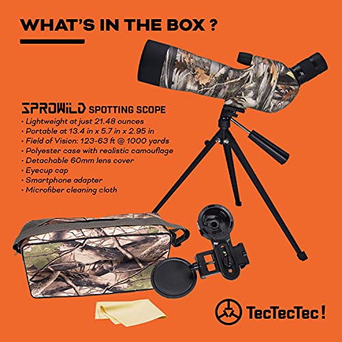 Tectectec Sprowild Spotting Scope 20-60X60 With Tripod Waterproof-Phone Adapter-Soft Bag Bak4-Fmc For Hunting And Target Shooting And Watching Wildlife Scenery - Camo #TOP3