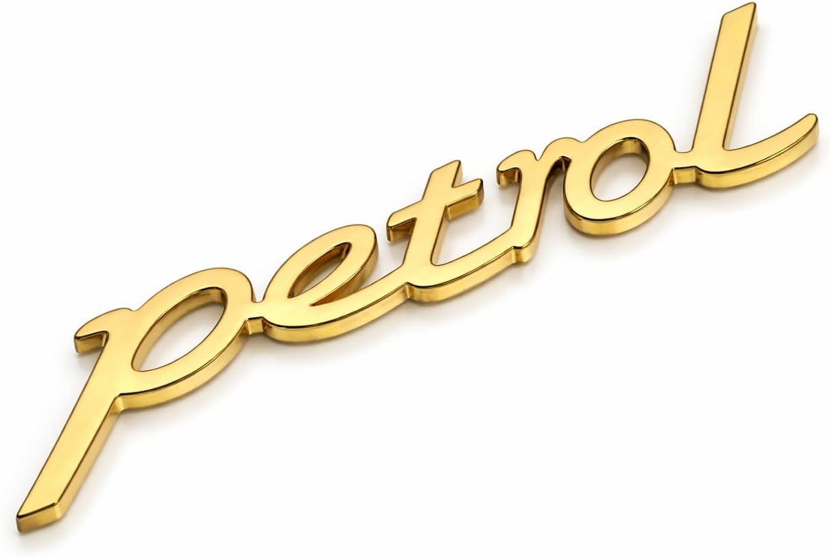 Sleek Petrol 3D Metal Chrome Sticker Emblem Badge-Stylish Logo for Cars, Bikes & More- Size 11.5x2cm- Premium Accessory Elegant Design Gold.