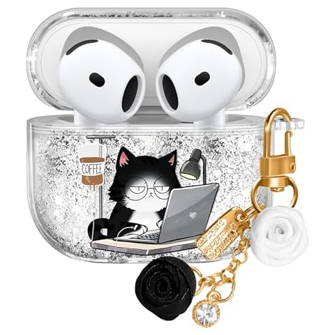 Kokaaee for Apple for Airpods 4 Case 2024 - Quicksand Liquid Animal Kawaii Cute Fun Funny Mujer Girl Women Sparkling Sparkle Glitter Bling Sparkly Black Cat Keychain Girly for Airpod 4 Case Cover Cover