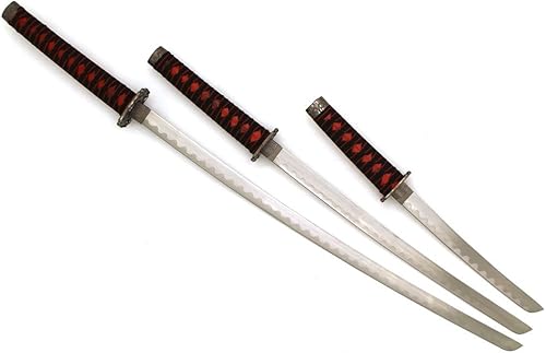 Miniatura 3 de Juego de 3 espadas Katana con vaina de madera dura con acabado imitación mármol rojo por Whetstone Cutlery