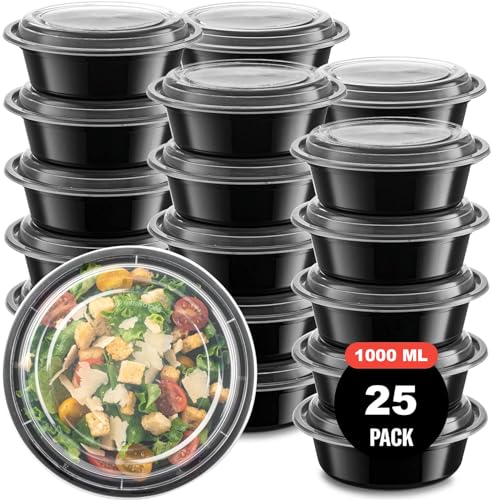 AKOLAFE 25 stuks ronde meal prep dozen met deksel, 1000 ml, kunststof, herbruikbare maaltijdbox, luchtdicht, vaatwasmachinebestendig