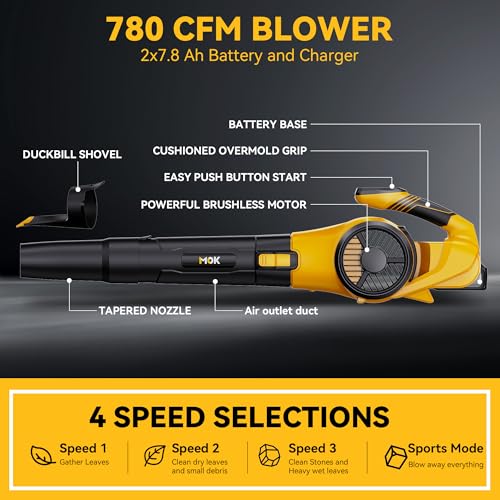 MOK Leaf Blower Cordless, 780CFM Electric Leaf Blowers with 2 x 7.8Ah Batteries and Charger, 3- Speed & Turbo Mode,1 x Rubber-Coated Snow Shovels, 1 x Shoulder Strap, Blowers for Lawn Care — view 3
