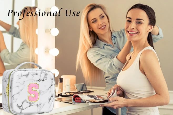 Miniatura 6 de BAGNN Estuche de viaje para maquillaje con inicial, estuche de almacenamiento de artículos de tocador de lujo, regalos para mujeres, A, Mármol