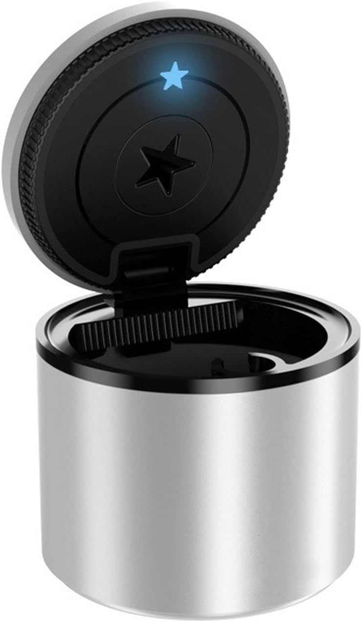 Stainless Steel Smokeless Ash Tray with LED Light Lid, Portable Car Ashtray, Mini Car Trash Can, Windproof, Easy to Disassemble and Clean (Gray : Silver)