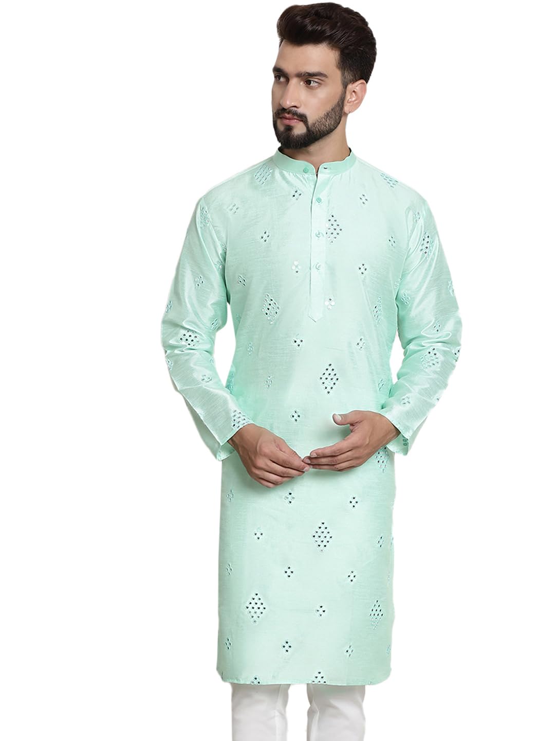 Sojanya (Since 1958 Men's Silk Blend Mirror Work Sea Green Only Long Kurta