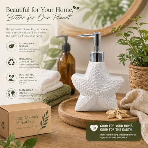Image of Whizzo Ceramic Starfish Design Liquid Soap Dispenser for Bathroom & Kitchen - Premium Ocean Theme Lotion Bottle with Chrome Pump, White Finish (420ML, LD-212, Design 1)