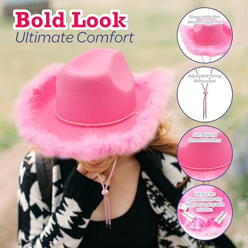 4E's Novelty Cowboy Hat with feathers With Heart Shaped Sunglasses for Women, Felt Cowgirl Hat for Party Costume Dress Up4