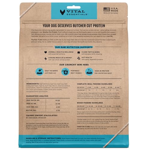 Image of Vital Essentials Freeze Dried Dog Food, Beef Mini Nibs, 25 oz Bag | Crunchy, Complete Meal or Topper, Made With 96% Beef, Organs & Bone, High Protein Raw Nutrition, Grain-Free Recipe