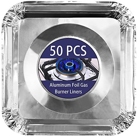 COCIDE 50 Pack Gas Burner Liners Aluminum Foil Square Stove Burner Covers Range Protectors Bib Liners Disposable Gas Burner Bibs Gas Top Liner Stove Aluminum Foil Drip Pans Easy Clean - (8.5" Square)