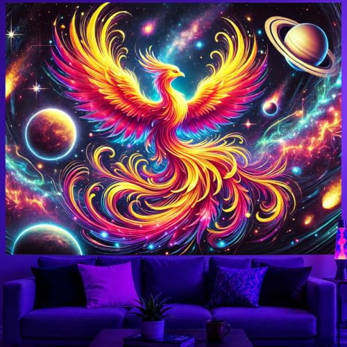 Image of BlissYard Phoenix Blacklight Tapestry 78x59 Inch Rainbow Rising UV Reactive Wall Hanging Cosmic Galaxy Scene Glow in Dark Backdrop Luminous Blacklight Tapestry Psychedelic Art