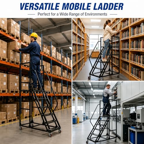 Image of 6-Step Rolling Warehouse Step Ladder, Lockable Wheels, Non-Slip Wide Steps, Dual Handrails, Movable Platform Ladder, Rolling Stairs for Warehouse, Supermarket, Library (Black, 6 Steps)