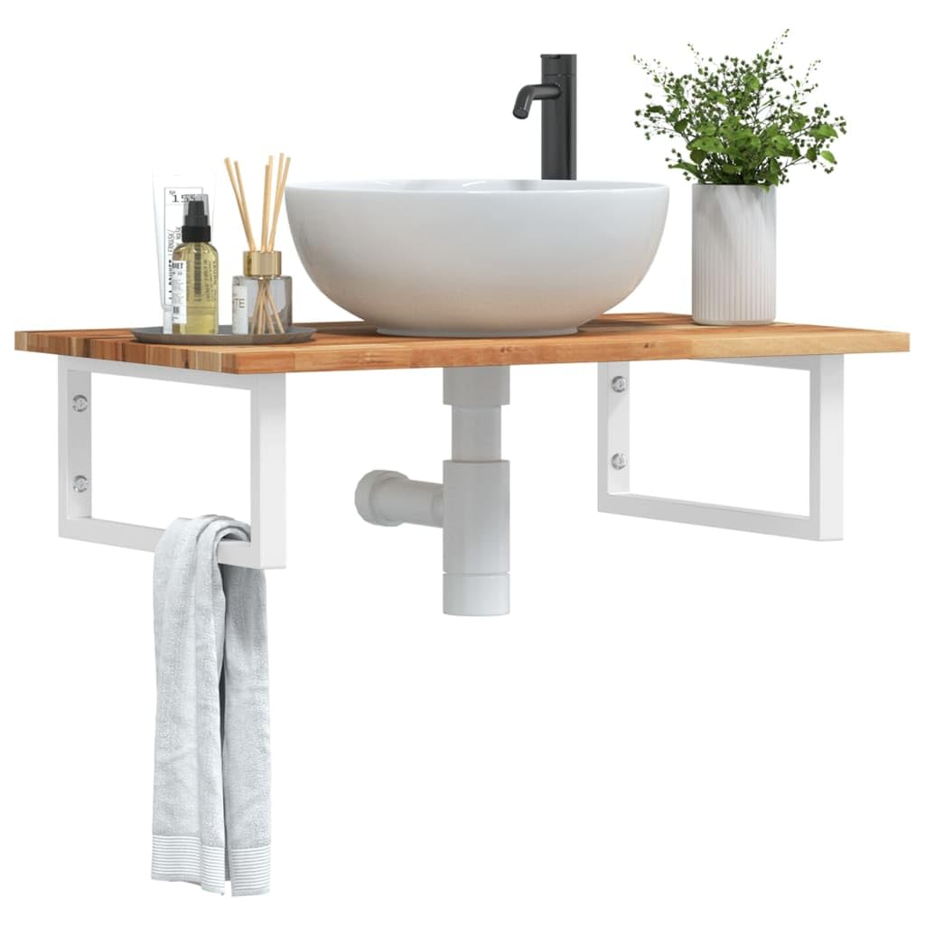 Tapa de lavabo con soporte de 80 x 50 cm, estantería para lavabo de pared de madera maciza de acacia y acero, estante de pared para lavabo superior, estante de baño con toallero, blanco