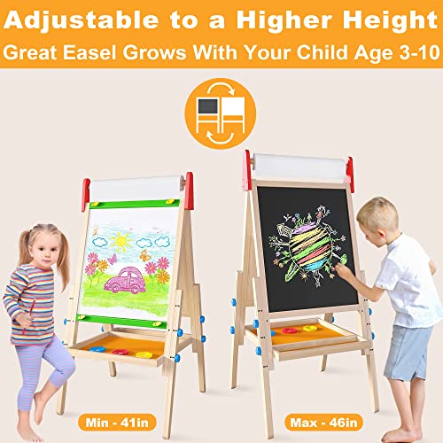 Easel For Kids With 2 Drawing Paper Roll, Learning-Toy For 3,4,5,6,7,8 Years Old Boy & Girls, Wooden Chalkboard & Magnetic Whiteboard & Painting Paper Stand, Gift & Art Supplies For Toddler #TOP4