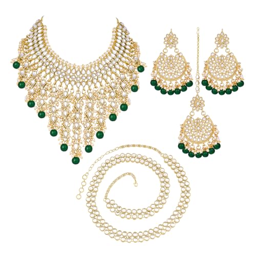 Image of Peora Kundan & Beads Studded Necklace Earrings & Maangtikka Set Ethnic Jewellery for Women & Girls