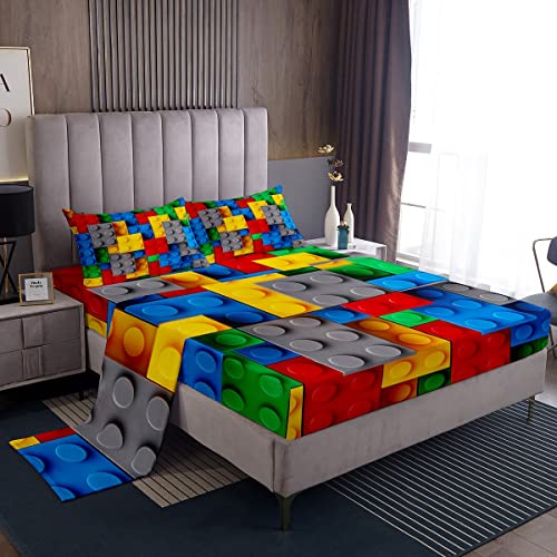 Erosebridal Construction Bed Sheets Set Colorful Sheet Set 3D Building Blocks Sheets Twin,Kids Boys Bricks Flat Fitted Sheet Rainbow Gradient Room Decor for Teen Girls,Red Yellow Green Blue